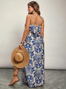 Freevana Plus Size Boho Cami Top & High Waisted Side Slit Skirt 2 Pieces Set, For Summer,Holiday Outfits Boho - Multicolor - View 2