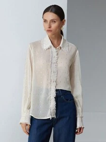 Aveloria Modichic 女士优雅通勤正式锡箔雪纺面料衣领和袖口粗花呢饰边长袖衬衫 - 米色 - 查看 4