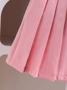 SHEIN 2 件年轻女孩休闲可爱针织运动衫套装，长袖蝴蝶结装饰上衣和粉色百褶裙，适合秋季、假日和日常穿着 - 黑色 - 查看 4