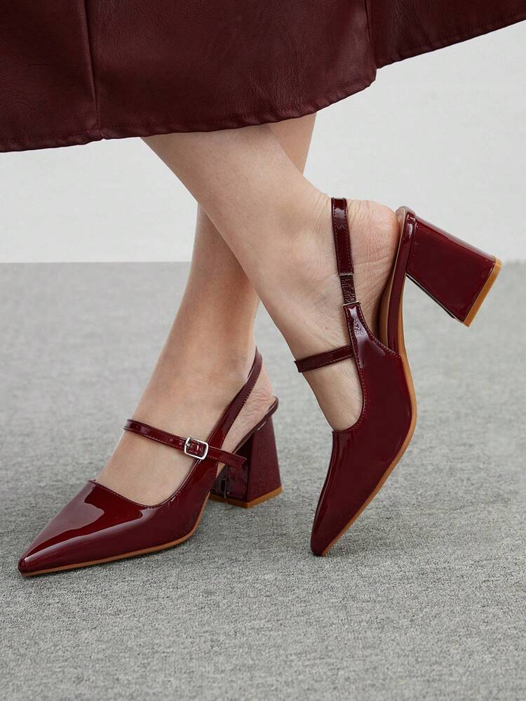 CUCCOO BIZCHIC Women's Fashion Wine Red Thin Strap Buckle Back Ankle Strap Thick Heel Pointed Toe PU Leather Commuting/Date/Party/Vacation Pumps Spring Shoes Spring Break Easter