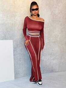 BamGleam 2pcs Women Set: Contrast Trim Asymmetric Neck Long Sleeve Top And Pants - Red - View 7