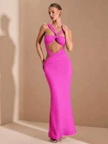 SHEIN BAE Solid Red Knitted Sexy Elegant Minimalist Lace-Up Hollow Tube Top Design Long Dress, Suitable For Graduation Ceremony, Formal Occasions, Cocktail Party, Romantic Date, Autumn/Winter Underdress, Party, Clubbing, Wedding Bridesmaid Dress, Nightout, Halloween, Christmas - Hot Pink - View 5