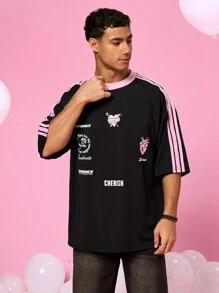 Manfinity VCAY Camiseta de cuello redondo unisex informal con letra impresa, recorte de color en bloque y hombros caídos - Negro - Ver 2