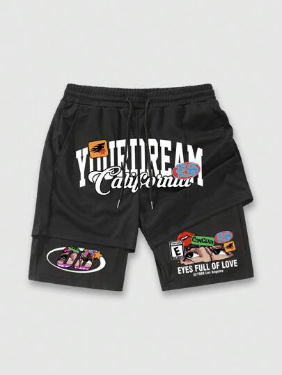 Prep Shorts de baloncesto casuales 2 en 1 con cordón delantero y bolsillo con estampado de letra para hombres