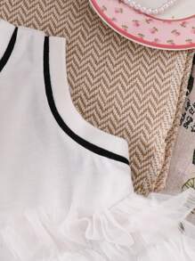 SHEIN Baby Girl Cute Summer White And Black Textured Sleeveless Bow Multi-Layer Tulle Tutu Princess Dress,Elegant Party Flower Girl Birthday Outfit - White - View 3