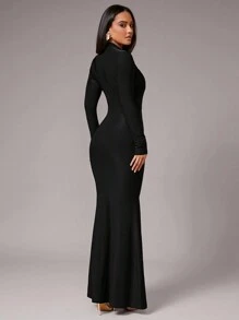 Silquee Women's Elegant Overlapping Long Sleeve Dress,Metal Buckle Decor Front Slit,Elastic Knit,Autumn/Winter Layering For Dining,Cocktail Party,Black - Black - View 2