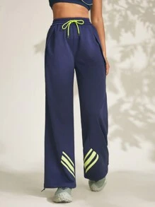 SHEIN Women's Side Stripe Drawstring Waist Loose Casual Sports Pants - Blue - View 6