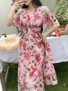 Joudiya Vestido midi floral vintage con cuello en V y mangas con volantes para mujer