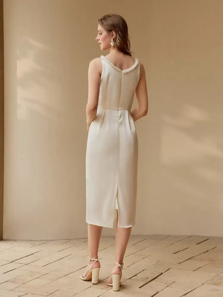 FAUX PEARL DETAIL SPLIT HEM TANK DRESS
