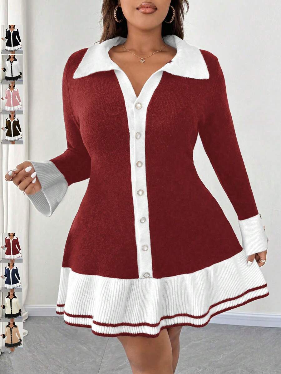 SHEIN Unity Plus Size Women's Knitted Color Block Sweater Dress With Ruffle Hem & Button Detail, Elegant, Autumn/Winter - Red - View 1