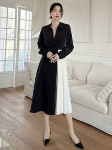 DAZY Contrast Color Pleated Panel Midi Dress For Women Shirt Dress,Fall Dress Long Sleeve Dress - Black - View 7