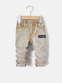 SHEIN Jeans casual per bambini maschi, kaki strappati e decorati con toppe morbide, adatti come abbigliamento per il ritorno a scuola
