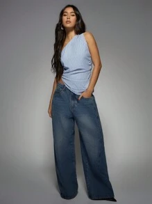 MISSGUIDED 条纹单肩不对称背心夏季时尚无袖休闲派对俱乐部晚会罗纹修身短款上衣 - 藍色 - 查看 3