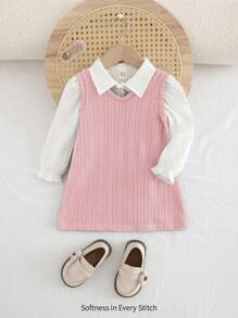 Cozy Pixies 2pcs Baby Girl Solid Color Collar Puff Sleeve Cardigan Top & V-Neck Sleeveless Dress Set - Multicolor - View 1