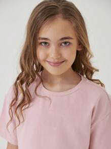 SHEIN Girls Cotton Solid Drop Shoulder Tee & Cycling Shorts Set - Dusty Pink - View 4