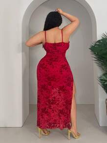 Slaydiva 大码女式细肩带开衩下摆简约休闲性感连衣裙 - 紅色 - 查看 2