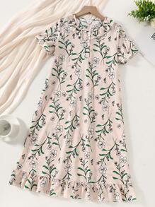 1pc Girls Tree Leaf & Flower Print Short Sleeve Nightgown Loungewear Set,Summer,Travel - Multicolor - View 3