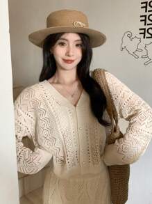 FRIFUL 2pcs Women's Set: Solid Color Button-Front Long Sleeve Hollow Minimalist Blouse And Skirt