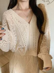 FRIFUL 2pcs Women's Set: Solid Color Button-Front Long Sleeve Hollow Minimalist Blouse And Skirt