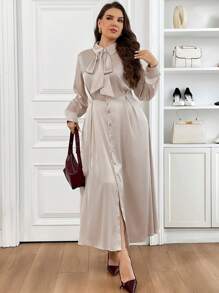 SHEIN Frenchy Vestidos casuales modestos de talla grande, vestido minimalista dorado, apto para uso diario - Albaricoque - Ver 3