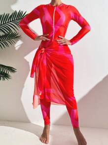 SHEIN Swim Shayni 夏季女士保守时尚度假布基尼泳衣套装，拉链变形格子印花上衣，长裤和网眼长裙泳衣阿拉伯服装 - 彩色 - 查看 3