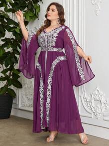 Al Najma Plus Size New Fashionable High-End Sequins Embroidered Plisse Elegant Luxurious Ladies Robe Kaftan Jalabiya Dress - Purple - View 6