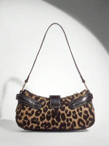 SHEIN BAE Bolso de hombro de mujer estampado de leopardo patchwork PU para ir a la ciudad, bolso de con estampado de leopardo para mujer, el leopardo está de vuelta