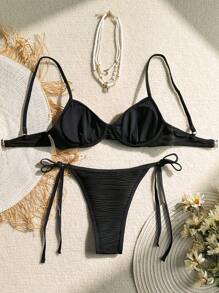 SHEIN Swim 2pcs Vintage Bikini Set, Black Textured Fabric With Shell Tape Decor Steel Rings Side Tie Tankini For Summer Beach Vacation - Black - View 2