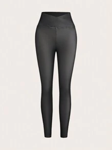 SHEIN EZwear 女士纯色不对称腰部紧身休闲打底裤