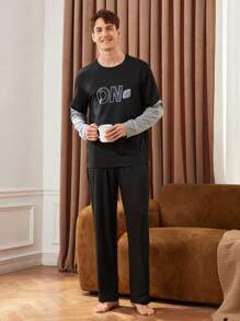 Manfinity Underwear&Sleepwear Basics Men's Solid Color Crew Neck Long Sleeve Top And Pants Pajama Set, Simple Homewear - Black - View 6