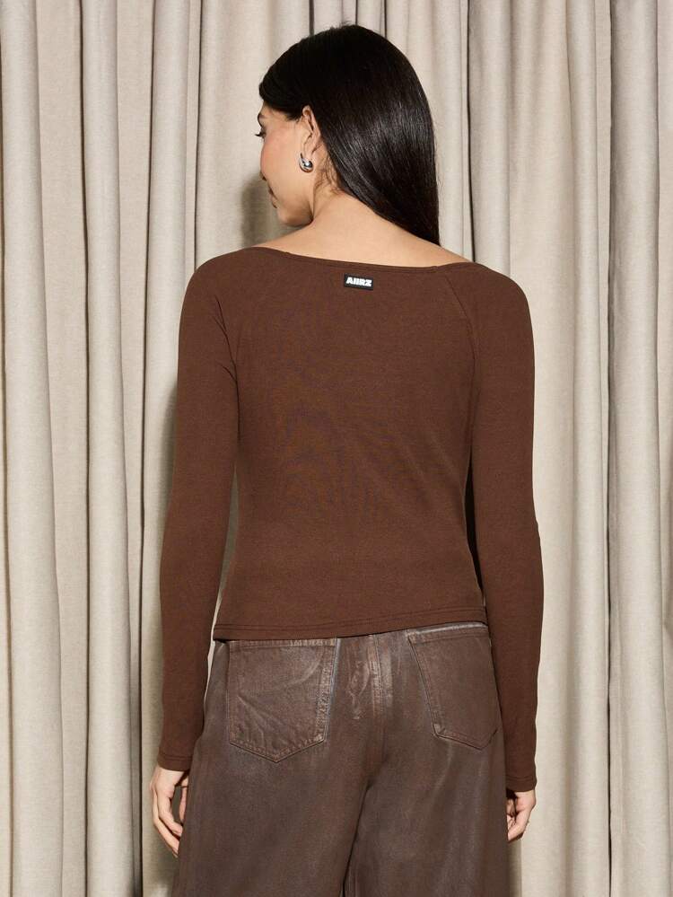 Ribbed Square Neck Long Sleeve Basic T-Shirt