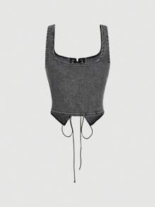 SHEIN MOD Lace Up Front Asymmetrical Hem Denim Vintage Slim Fit Top - Black - View 2