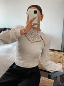 SHEIN Frenchy 女士纯色撞色蕾丝罗纹长袖优雅 T 恤 - 杏色 - 查看 3