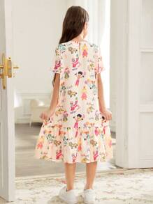 SHEIN Tween-Mädchen Lässiges Midikleid mit Cartoon-Graffiti-Print und Rundhalsausschnitt, kurzen Ärmeln und Rüschensaum