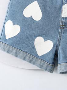 女婴可爱心形印花牛仔短裤 - 淺色水洗藍 - 查看 5