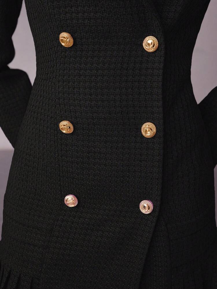 TWEED DOUBLE BREASTED PLEATED HEM DRESS