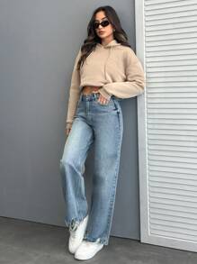 SHEIN High Waist Ripped Hem Straight Jean Simple Fashionable Daily Casual
