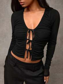 SHEIN BAE Women's Elegant Burgundy Solid Color Bow Ties With Mesh Knitted Gathered Long Sleeves Autumn Women's Business Casual Women's Knee Length Dress Autumn Women's Outfits/Office Siren Dress/Formal Tops/ Long Sleeve Top/Boho Top/ Long Sleeve Top - Black - View 4