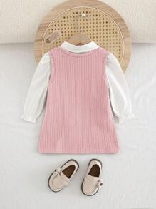 Cozy Pixies 2pcs Baby Girl Solid Color Collar Puff Sleeve Cardigan Top & V-Neck Sleeveless Dress Set - Multicolor - View 2