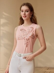 MOTF PREMIUM SEQUIN FLORAL EMBROIDERY TANK TOP - Pink - View 4