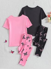 2 Peças Conjunto de Homewear Confortável com Estampa de Rosto Sorridente para Meninas Pré-Adolescentes - Top de Manga Curta e Calça - Multicolorido - Visão 2