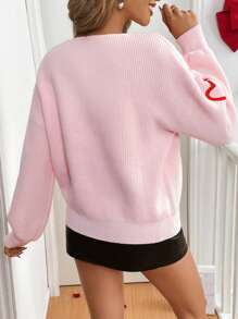 SHEIN Frenchy Women's V-Neck Long Sleeve Heart Graphic Embroidery Casual Minimalist Sweater, All Over Heart Pattern Valentines Clothes, Carnival, Mardi Gras Outfits, Elegant Personalized Party, Valentine's Day, Valentines, Valentine, Valentine's Day, Elegant Daily Party Event, For Christmas & New Year Celebration, Valentine's Day Party Dress Winter Thanks Giving Red - Red - View 2