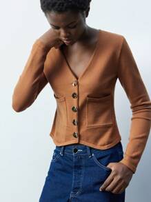 Maija Women's Chic Office Shades Of Brown V-Neck Fitted Cardigan,Asymmetric Metal Button Decor Pocket Knit Sweater For Autumn,Winter Daily Pullover - Brown - View 4