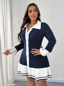 SHEIN Unity Plus Size Women Knit Color Block Sweater Dress With Ruffle Hem And Button Decor, Elegant Dress For Autumn/Winter Fall Cloth For Women - Blue - View 3