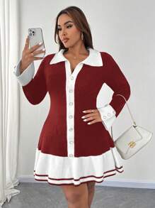 SHEIN Unity Plus Size Women's Knitted Color Block Sweater Dress With Ruffle Hem & Button Detail, Elegant, Autumn/Winter - Red - View 5