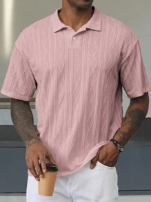 Manfinity Homme Men's Casual Vacation Style, Featuring An INS-Inspired Geometric Diamond-Textured Jacquard Knit Short-Sleeve Khaki Polo Shirt With A V-Neck Design. Perfect For Music Festivals, Hawaii Beach Getaways, And Everyday Outfits, Making It A Stylish Gift For Your Boyfriend Or Husband. It Embodies A French-Inspired Elegance And Romance. Men's Knitted Textured Jacquard Polo Shirt, Minimalist & Fashionable, Suitable For Summer , Polo Shirt For Men , Polos For Men - Pink - View 5