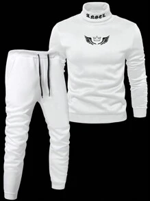 Manfinity LEGND 男士成熟街头 INS 高领哥特字母“天使”刺绣，正面皇冠翅膀印花，白色秋冬保暖高领卷边运动裤和连帽衫套装。男士慢跑裤，男士高领衫，男士两件套服装，男士运动服，秋冬男装男士白色套装男士两件套运动服男士长袖套装男士服装套装运动衫 - 白色 - 查看 1