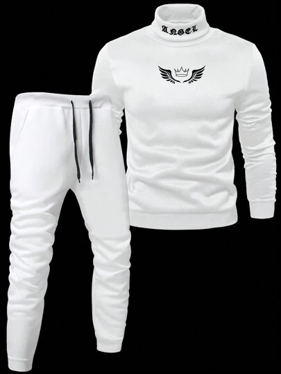 Manfinity LEGND Mäns Mogna Street INS höghalsad gotisk bokstav "ängel" broderi, främre kronvingar tryck, vit höst och vinter varma höghalsade joggingbyxor och huvtröja Set. Män Joggare ,Polokrage Män ,Män Two Pieces Outfits ,Herr träningsoverall ,Höst Och Vinter Herr Kläder Herr Vit Set Herr 2 delar Sweatsuit Herr Långärmade Set Herr Kläder Set Sweatshirt