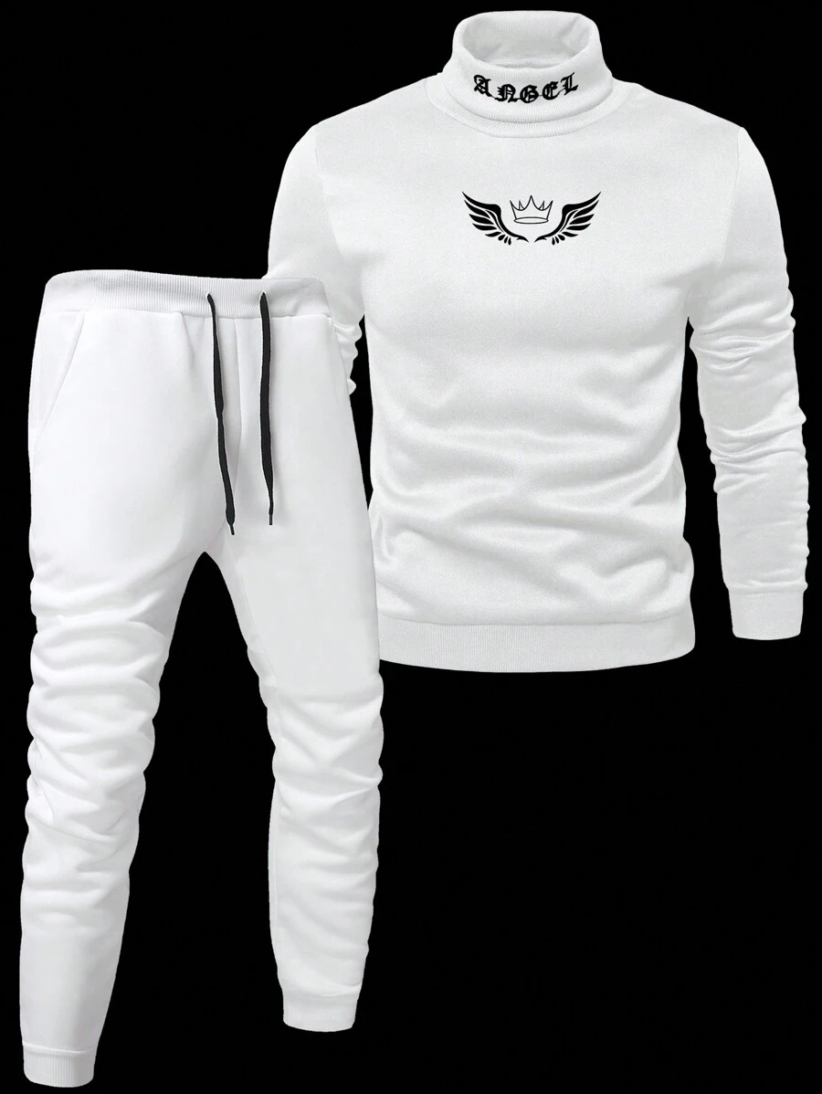 Manfinity LEGND 男士成熟街头 INS 高领哥特字母“天使”刺绣，正面皇冠翅膀印花，白色秋冬保暖高领卷边运动裤和连帽衫套装。男士慢跑裤，男士高领衫，男士两件套服装，男士运动服，秋冬男装男士白色套装男士两件套运动服男士长袖套装男士服装套装运动衫 - 白色 - 查看 1