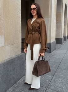 Anewsta 翻领可调节插肩袖腰带时尚现代女士系带风衣，新年、情人节